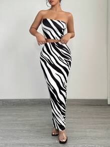 SHEIN SXY 2pcs Women Summer Fashionable Zebra Print Tube Top And Bodycon Skirt Set