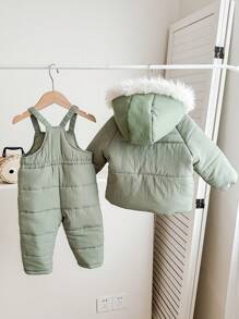 SHEIN 2pcs Baby Boy/Girl Warm Fleece Hooded Padded Coat + Overalls, Suitable For Autumn/Winter Outdoor, Skiing