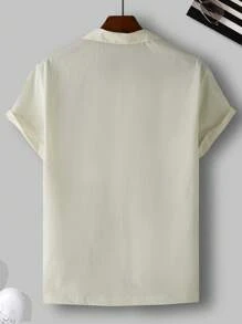 Manfinity Homme 男士短袖寬鬆純色翻領鈕扣休閒襯衫，適用於夏季