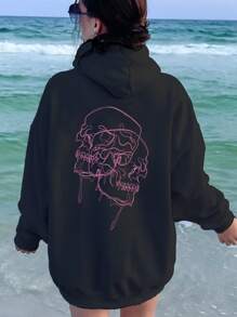 INAWLY 骷髅頭圖案袋鼠口袋抽繩加絨內裏連帽衫 - 黑色 - 查看 1