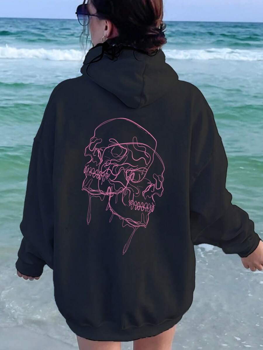 INAWLY 骷髅頭圖案袋鼠口袋抽繩加絨內裏連帽衫 - 黑色 - 查看 1