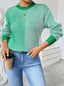 Chiquease 女士圆领长袖撞色条纹休闲宽松毛衣，针织套头衫，秋冬款 - 綠色 - 查看 3