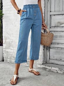 SHEIN LUNE 女士荷叶边腰部口袋阔腿宽松休闲牛仔裤