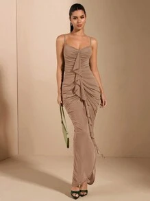 SHEIN BAE Sexy And Elegant Bust Cup Tight Ruched Front Large Ruffle Decoration Long Dress For Women,Valentine's Day,Valentine Outfits For Women - Khaki - View 5