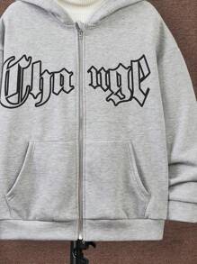 SHEIN Tween Boys Loose Casual Comfortable Letter Printed Hooded Sweatshirt Sweatshirt