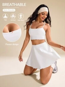 CourtClass CourtClass Women's Solid Color White Minimalist Casual Sports Crop Cami Top & Tennis Skort Set - White - View 8