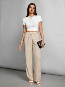SHEIN Tall Women's Linen Slub Trousers - Khaki - View 7