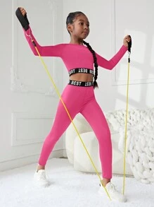 SHEIN Leap Crew Tween Girl Knit Patchwork Letter Ribbed Trim Raglan Sleeve Top And Lounge Pants 2-Piece Set - Hot Pink - View 4