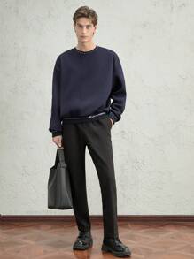 AKNOTIC Business Casual Men's Casual Loose Crew Neck Sweatshirt With Letter Print - Blue, For Fall Winter - Navy Blue - View 2