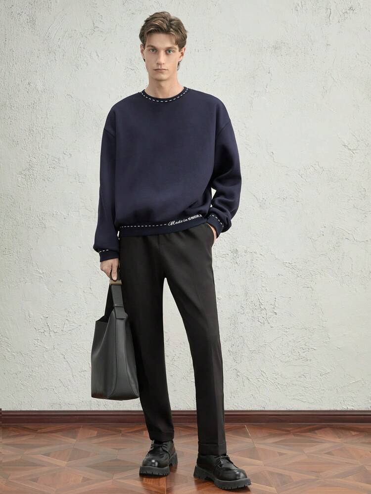 Men's Casual Loose Crew Neck Sweatshirt With Letter Print - Blue, For Fall Winter