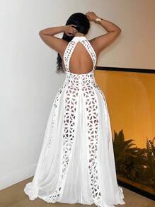 Slaydiva Plus Size White Lace Floral Lightweight Cocktail Party Dress - White - View 2