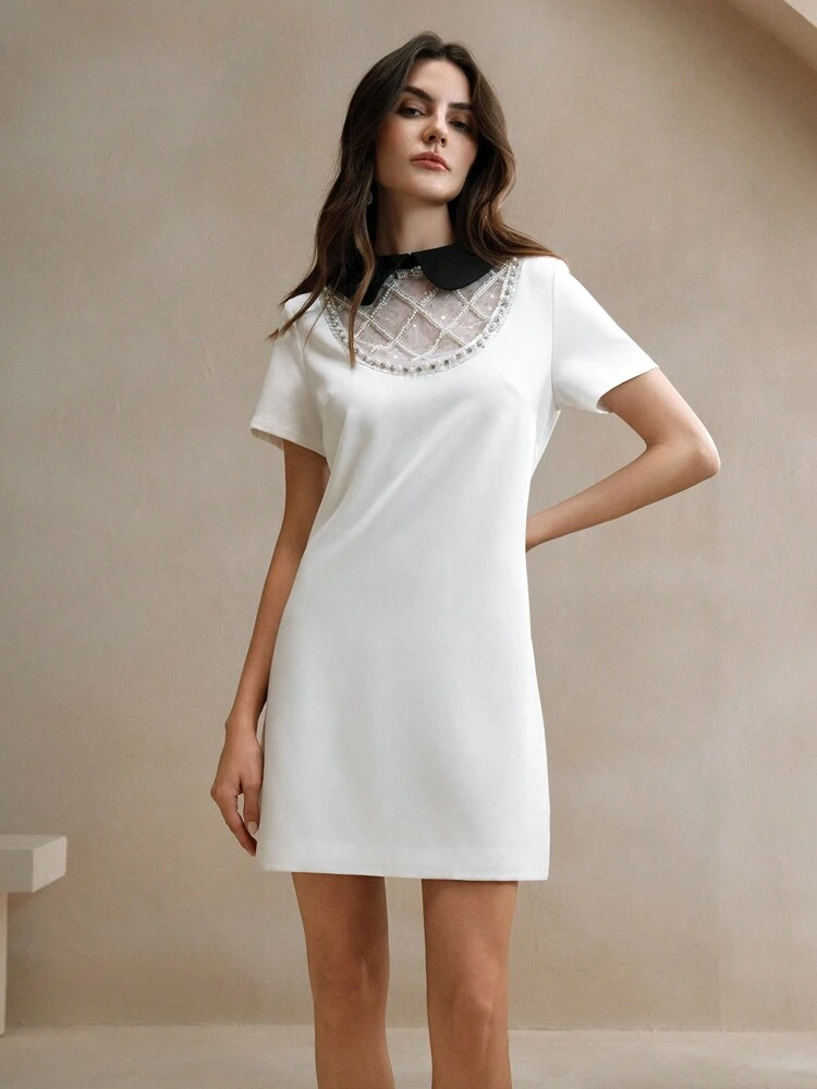 2024 Spring & Summer New Arrival Pearl & Rhinestone Embellished Peter Pan Collar Short Sleeve White Dress
