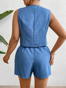 SHEIN Clasi Plus Size V-Neck Sleeveless Button Shirt And Stylish Fashion Pants Suit - Dusty Blue - View 2