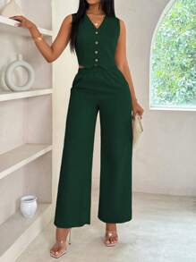 VaVaBold 2pcs V-Neck Button Front Sleeveless Top And Pocket Decoration Casual Pants Set - Dark Green - View 7
