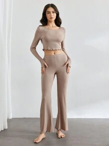 Ocili 女士纯色简约休闲长袖上衣和裤子家居服套装，适合假日、秋冬季节穿着 - 卡其色 - 查看 2