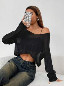 SHEIN EZwear Áo crop top dài tay màu trơn thông thường - trắng - Xem 4