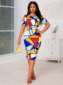 SHEIN Lady Vestidos de talla grande de manga corta, cuello redondo, lápiz y midi de punto de colores, casuales de primavera y verano