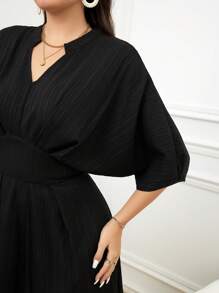Mulvari Plus Size Women's Summer Solid Color Notched V-Neck Bat Short Sleeve Long Elegant Dress