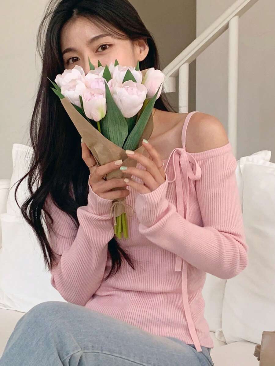 DAZY 女士系带露肩修身毛衣，秋季女装露肩上衣可爱上衣