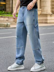 Manfinity Homme Men's Button Waistband Straight Leg Distressed Design Fashion Jeans - Blue - View 5