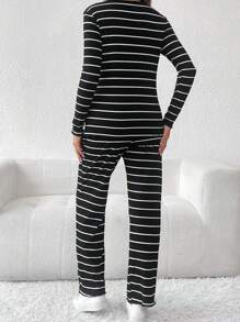 SHEIN 2pcs Maternity Striped Round Neck Long Sleeve Casual T-Shirt And Adjustable Waist Pants Set, Spring Summer - Black and White - View 2