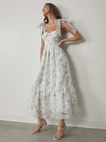 Enchnt Autumn Dress, Romantic Women's Strap Bow Design, Pleated Slim Fit, Elegant And Gentle Ruffled Flower Dress, Vacation Date Dress, - Blue and White - View 4