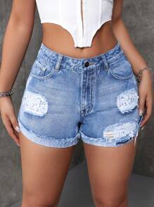 Short en jean mode avec boucle de ceinture, boutons décoratifs, poches et design usé pour femmes - Jean clair - Voir 5