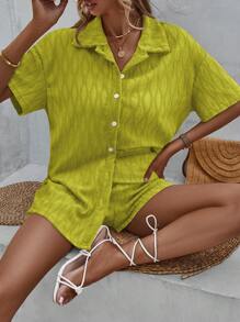 Breezaya 2pcs Women's Minimalist Daily Wear Short Sleeve Shirt And Shorts Set