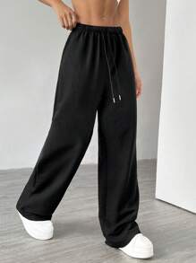 SHEIN Unity Women's Solid Color Simple Daily Textured Fabric Pants , Baggy Pants Fall Cloth For Women - Black - View 5