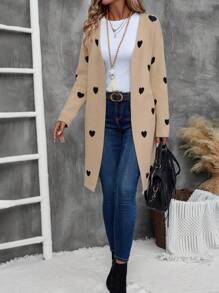 EMERY ROSE Women's Casual Long Sleeve Heart Pattern Loose Cardigan, Fall - Khaki - View 6
