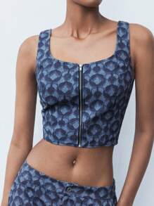 Maija Ladies Summer Geometric Print Zippered Short Fashion Tank Top - Blue - View 3