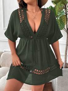 Swim Lushoire Plus Size Women Solid Color Hollow Deep V Tie Sleeve Cover Up Summer - Green - View 1
