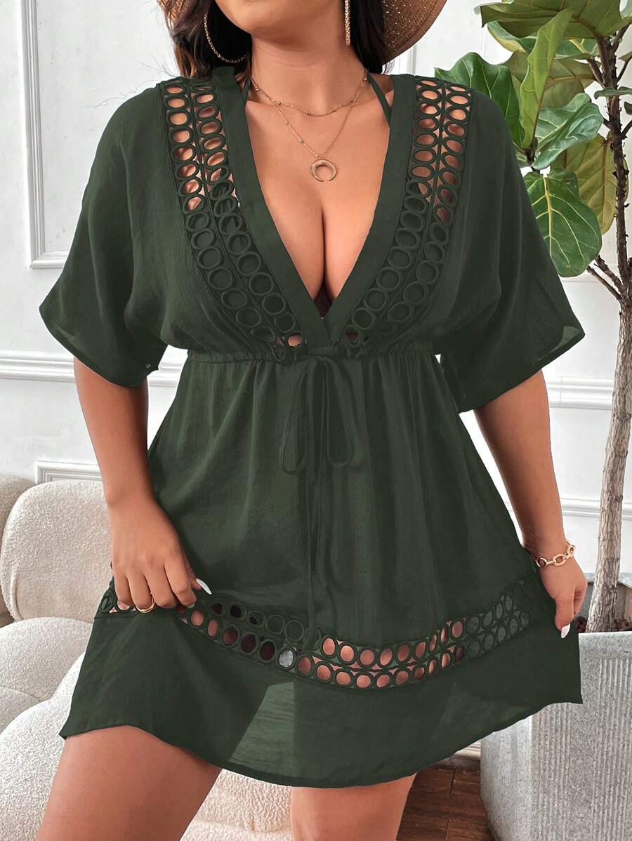 Swim Lushoire Plus Size Women Solid Color Hollow Deep V Tie Sleeve Cover Up Summer - Green - View 1