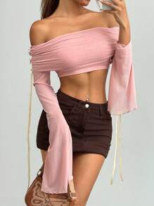 SHEIN EZwear 女士露肩长袖褶皱露肩网眼蝴蝶结修身优雅甜美时尚衬衫 - 粉色 - 查看 1