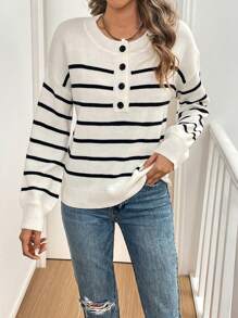 SHEIN LUNE Áo len nữ mùa thu đông tay dài vai rớt, kiểu dáng thường ngày, kẻ sọc, cài nửa khuy, chất liệu dệt kim. - trắng - Xem 5