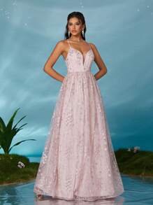 Váy Maxi Ren Thêu Cổ Chữ V Hở Lưng Dây Đeo Spaghetti, Váy Xòe Gợi Cảm, Váy Dự Tiệc, Váy Khách Cưới, Váy Trang Trọng, Váy Dạ Hội - Bụi hồng - Xem 5