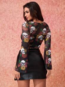 SHEIN Privé SHEIN X 亡靈節 女款亡灵节印花方领 T 恤，带褶饰/围巾下摆 - 黑色 - 查看 2