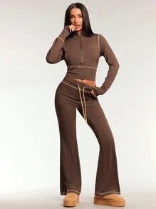 Forever 21 Women Drawstring Waist Casual Colorblock Flare Pants - Rusty Rose - View 5