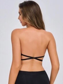 Women 1pc Invisible Lace Front Closure Minimalist Sexy Supportive Strapless Bra, Lingerie - Black - View 2