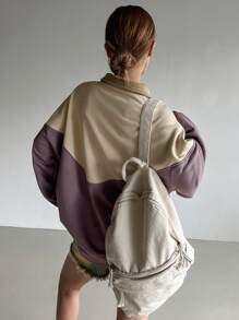 DAZY Sudadera casual de mujer con cuello de polo, de bloque de color en patchwork - Morado - Ver 2