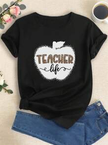 INAWLY 女式苹果轮廓和豹纹图案字母印花休闲圆领短袖 T 恤图案猎豹印花 T 恤女式上衣