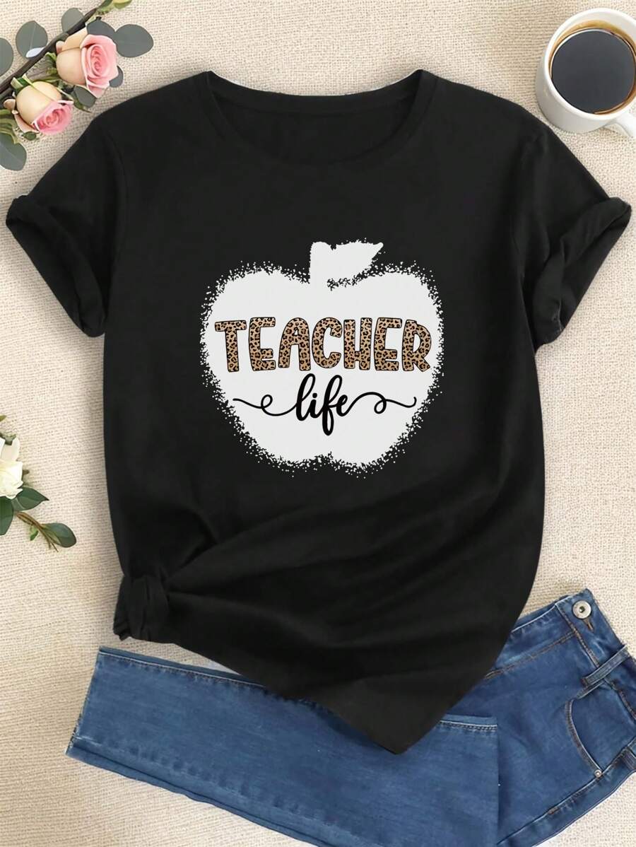 INAWLY 女式苹果轮廓和豹纹图案字母印花休闲圆领短袖 T 恤图案猎豹印花 T 恤女式上衣