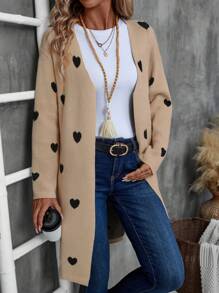 EMERY ROSE Women's Casual Long Sleeve Heart Pattern Loose Cardigan, Fall - Khaki - View 3