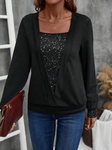 EMERY ROSE Women's Sparkly Printed Long Sleeve Crew Neck Sweatshirt, Spring And Autumn Fall Sweatshirts Fall Women Clothes - Black - View 6