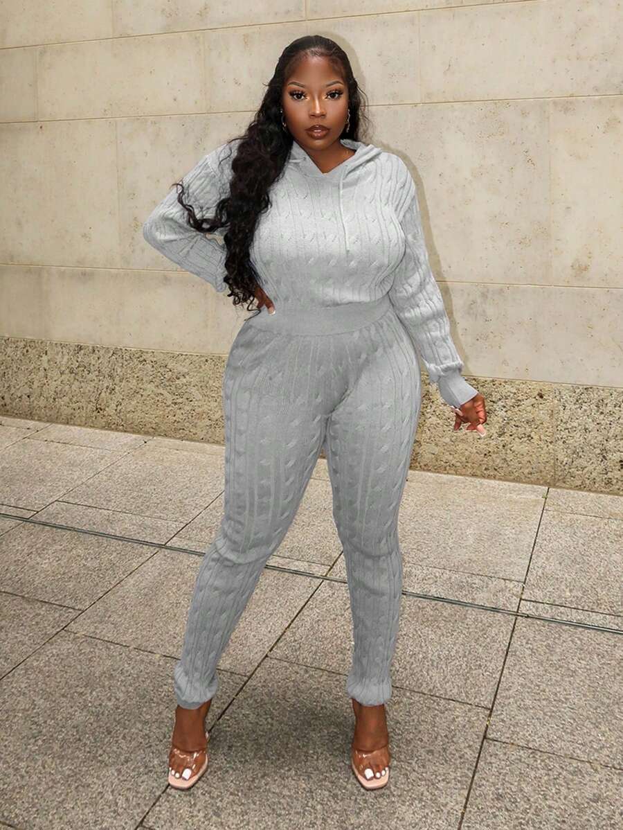 Slaydiva 2 piezas Conjunto básico y casual de ropa de casa - Jersey de punto con capucha de manga larga y pantalones de punto acanalado ajustados para mujer, otoño/invierno, 2 piezas