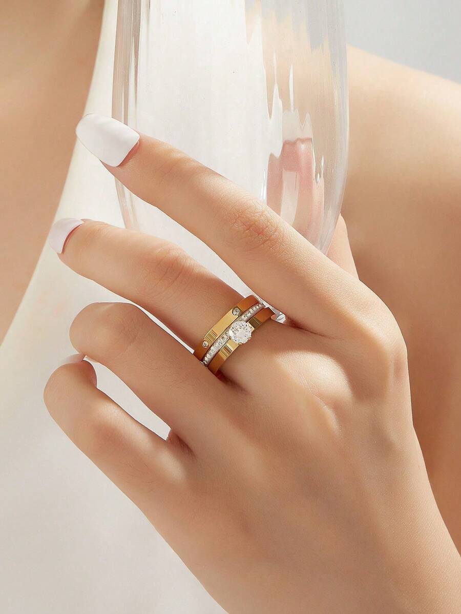 3件組 18K鍍金華麗風不鏽鋼立方鋯石戒指 女士珠寶 婚禮派對約會禮物 - 金黃色 - 查看 1