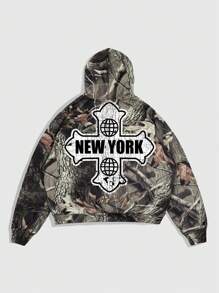 ROMWE MEN ROMWE Avant Men's Random Printed Hooded Long Sleeve Sweatshirt, School - Multicolor - View 1