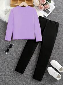 年轻女孩春秋季休闲字母印花长袖 T 恤和黑色打底裤套装 - 彩色 - 查看 2