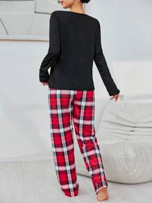 Women Round Neck Long Sleeve Contrast Color Top & Plaid Casual Pants Pajama Set, Fall Winter Clothes Cozy And Elegant Details