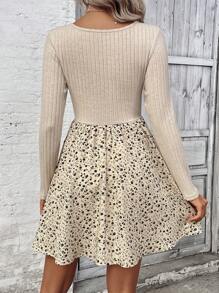 SHEIN Privé Robe mi-longue élégante à imprimé floral et unicolore pour femme, nouée sur le devant, col rond, ligne a - Multicolore - Voir 2